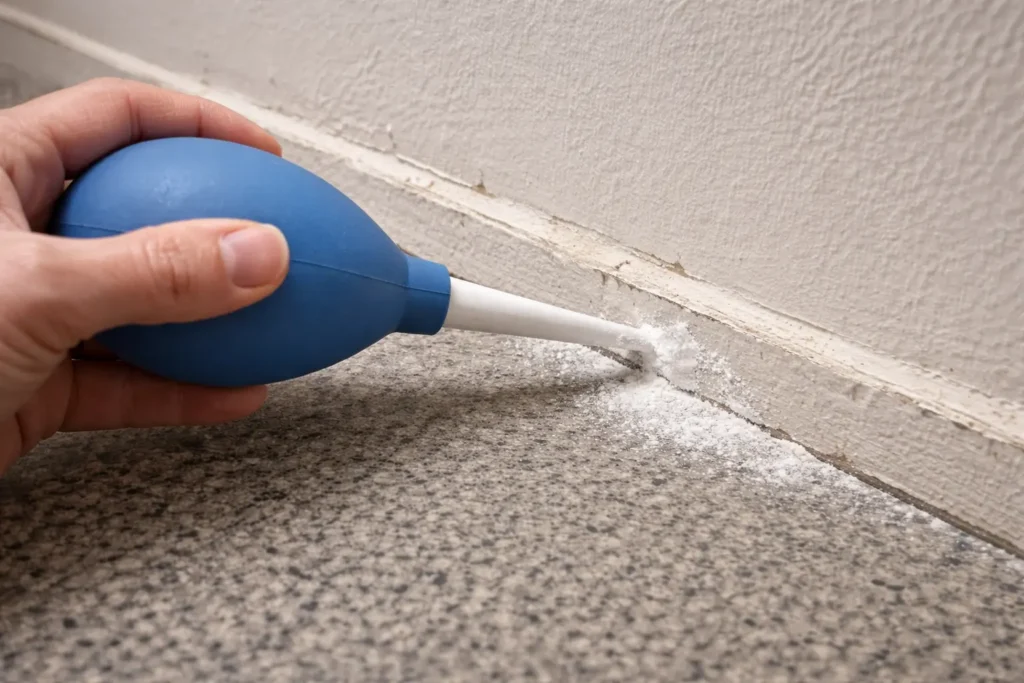 Applying boric acid powder into baseboard cracks with a bulb duster