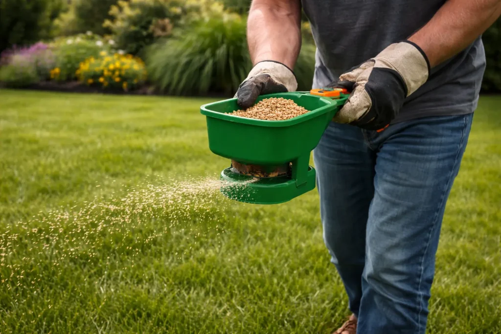 Spreading iron phosphate bait to kill slugs in the lawn