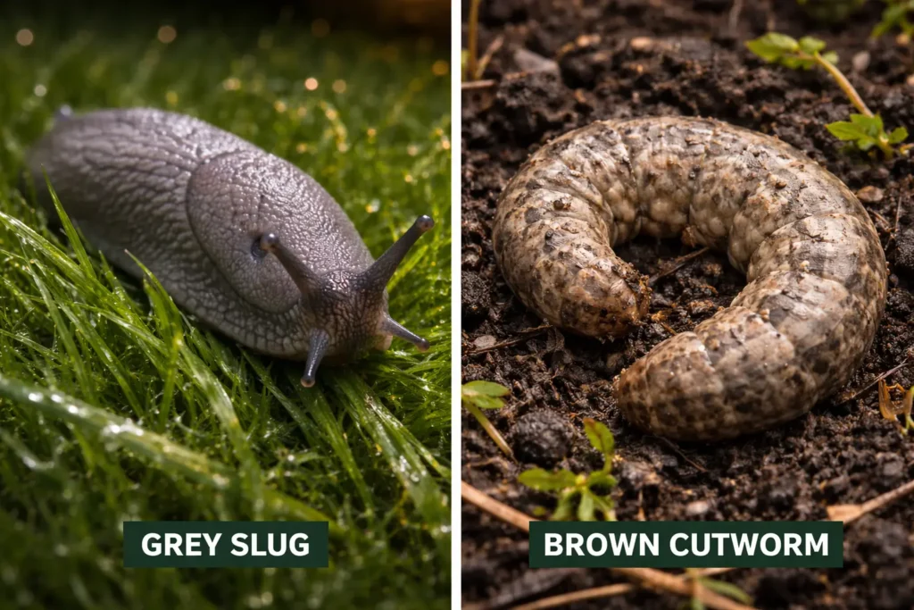 Comparing damage from cutworms vs slugs in the lawn