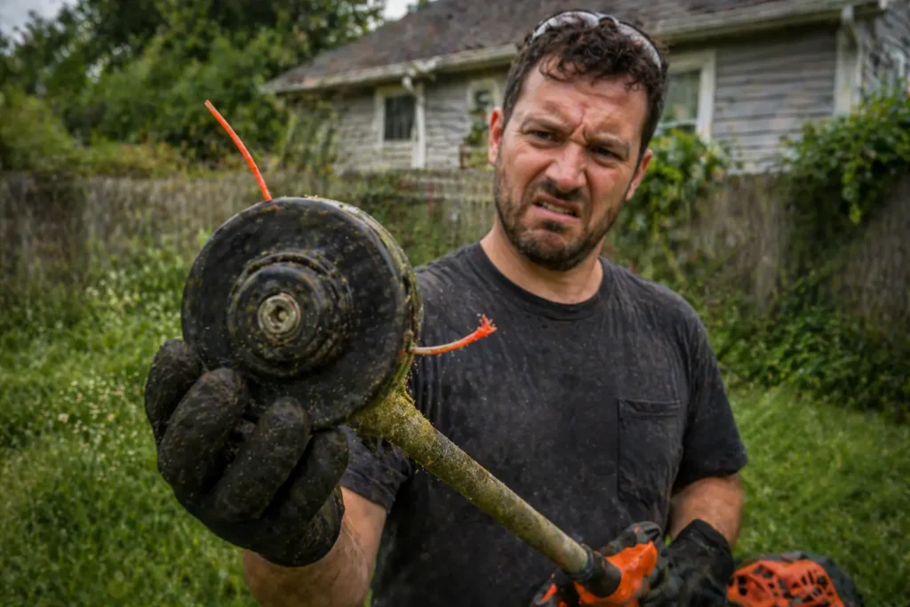 Homeowner inspecting why their string trimmer string keeps breaking during yard work