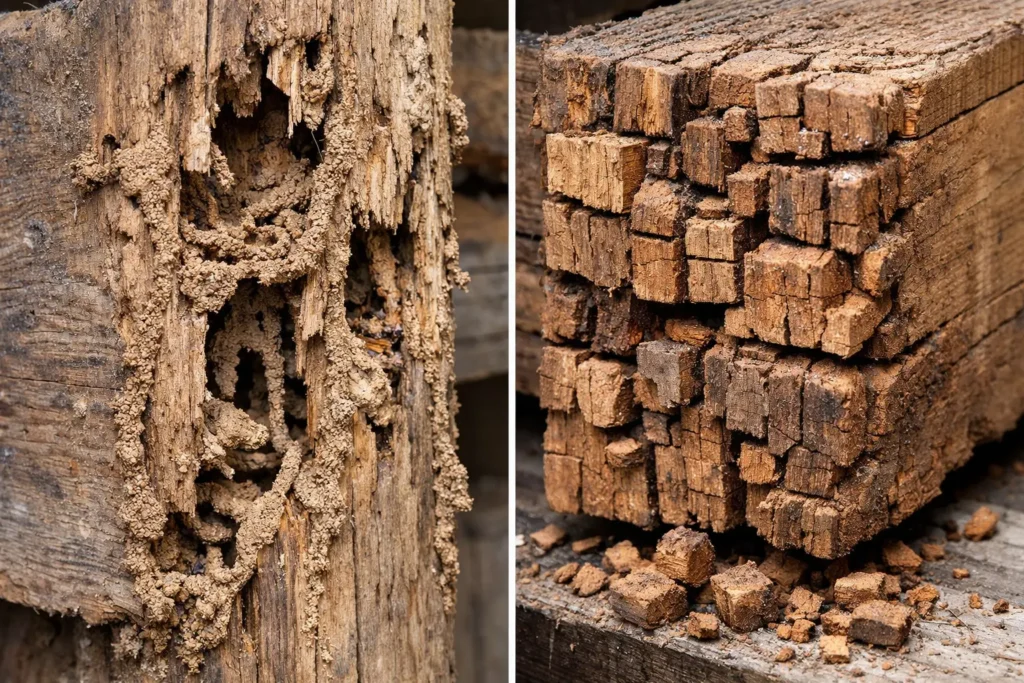 Side-by-side comparison showing termite damage vs wood rot in structural home timber