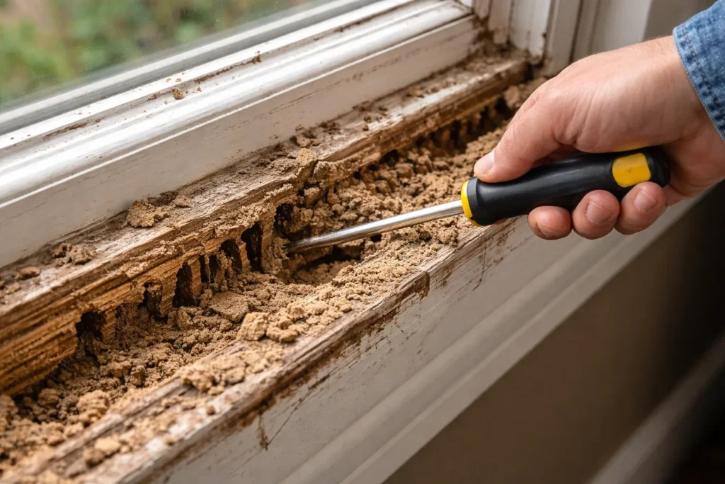 Probing wood with a screwdriver to identify signs of termite damage vs wood rot