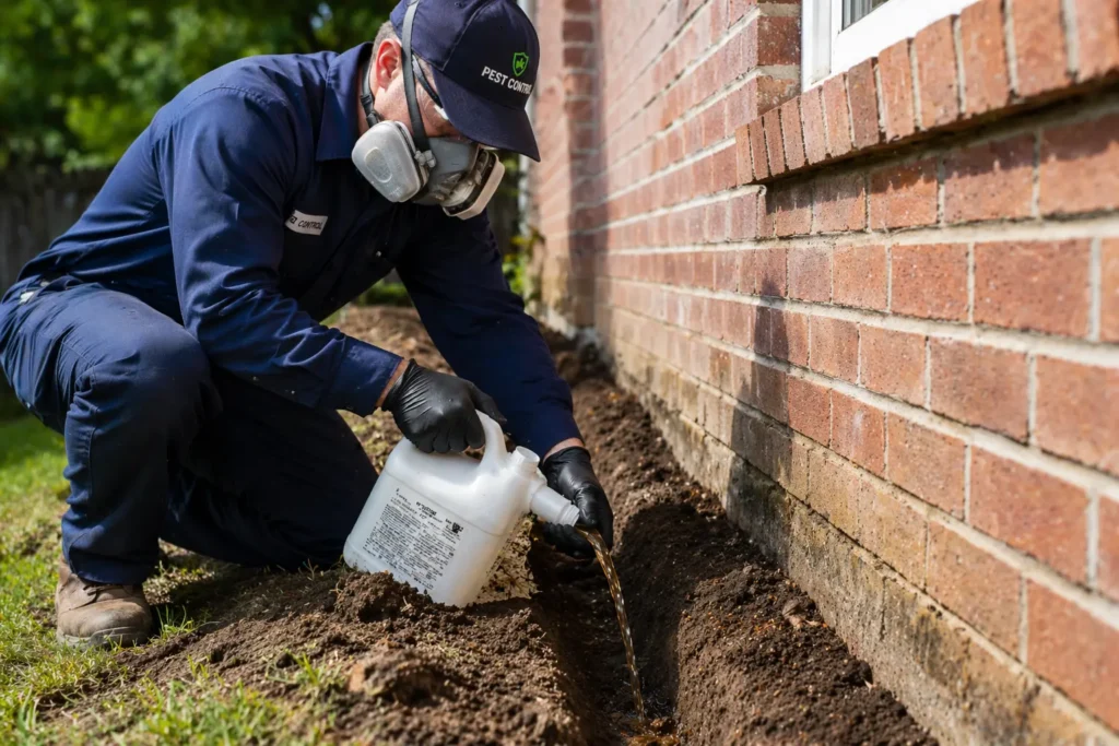 Applying Termidor SC chemical barrier trench treatment for subterranean termites