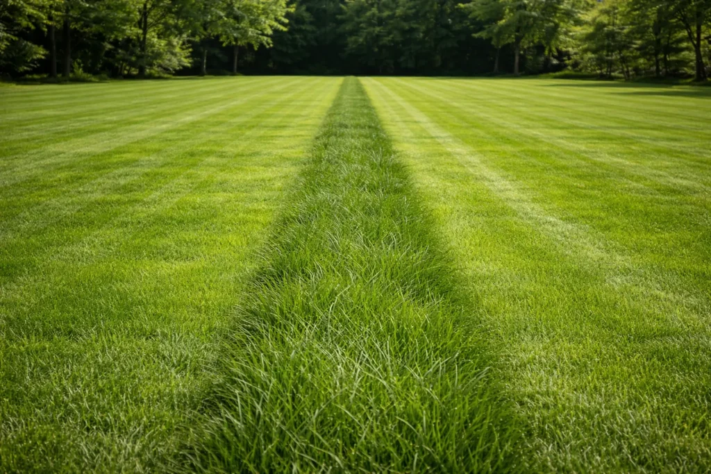 Lawn mower leaves uncut grass in a streak across a suburban yard