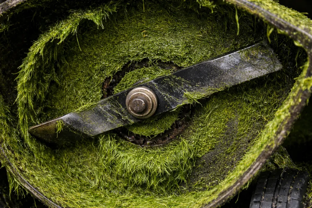 Clogged mower deck causing lawn mower to leave uncut grass