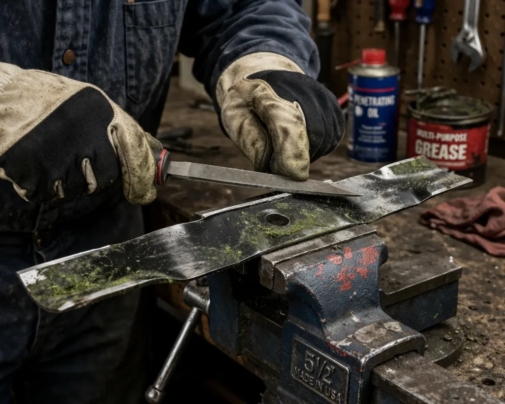 Sharpening lawn mower blades to fix a mower that leaves uncut grass