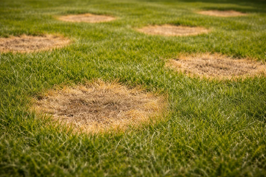 Close up of yellow spots grass on a residential lawn