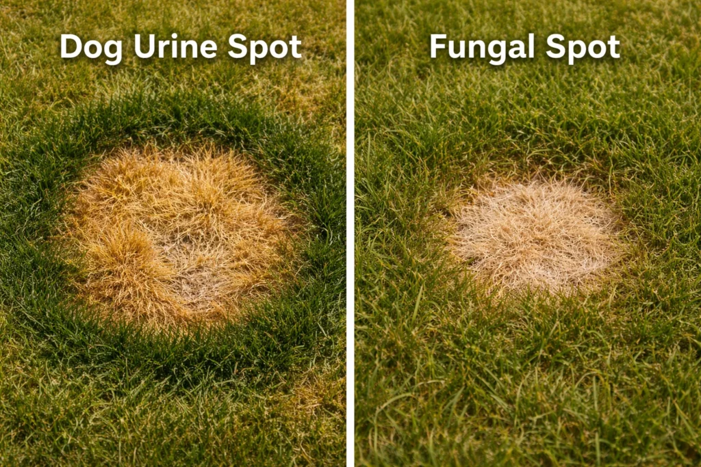 Comparing dog urine damage to Dollar Spot fungus yellow spots grass