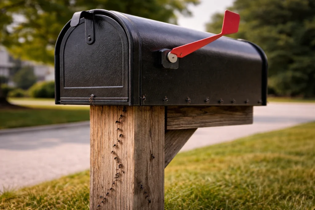 Line of ants crawling up a wooden mailbox post showing how to get rid of ants in mailbox