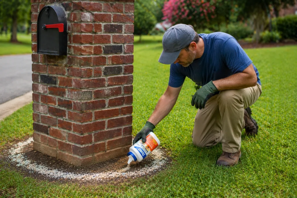 Applying Amdro granular bait around a post to stop ants in mailbox