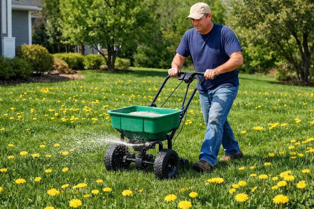 Homeowner applying weed and feed to a yard with broadleaf weeds before mowing