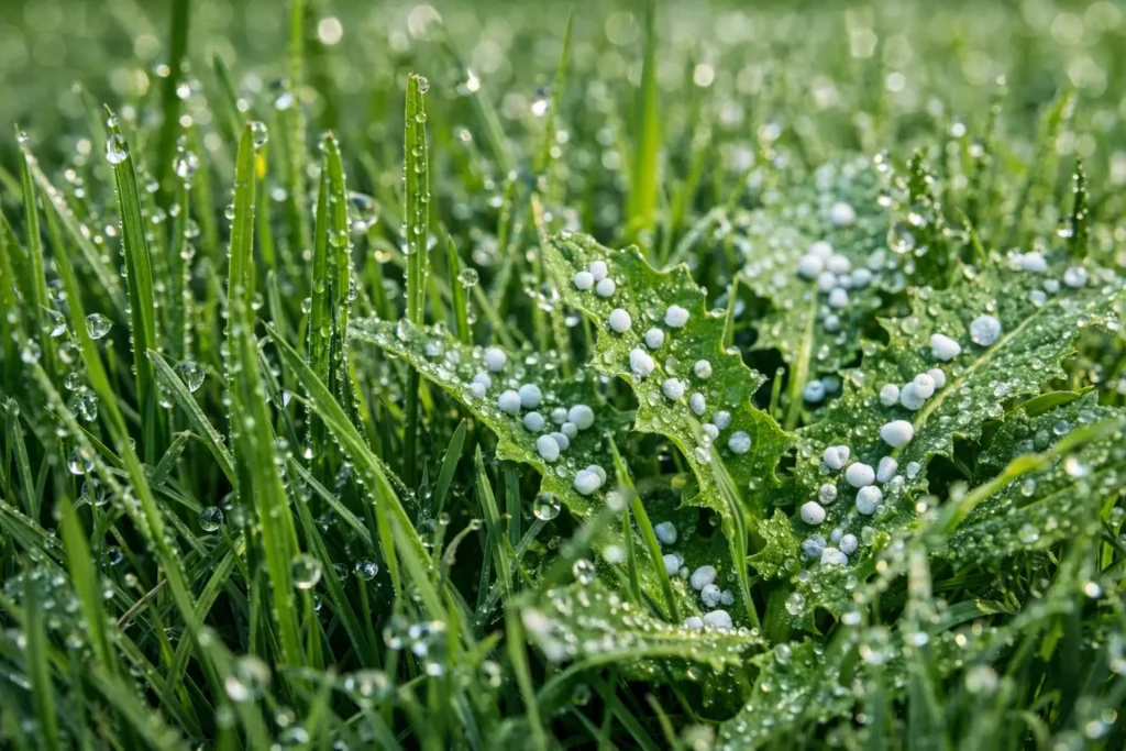 Scotts weed and feed granules sticking to wet dandelion leaves