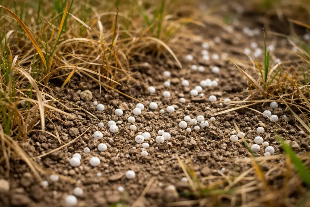 Close up of a burnt lawn with fertilizer granules showing severe nitrogen damage.