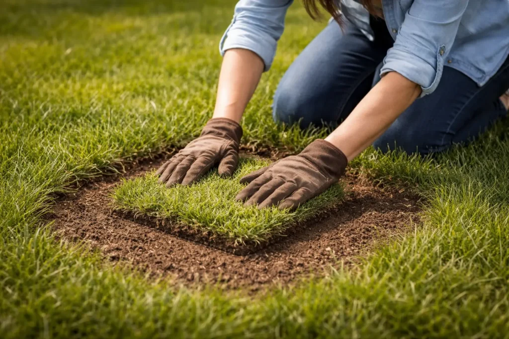 Installing a new sod plug to repair a burnt lawn with fertilizer in the South.