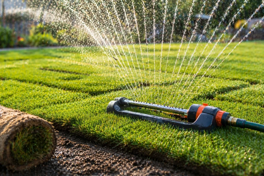 Sprinkler watering new sod to show how to care for new sod immediately after installation