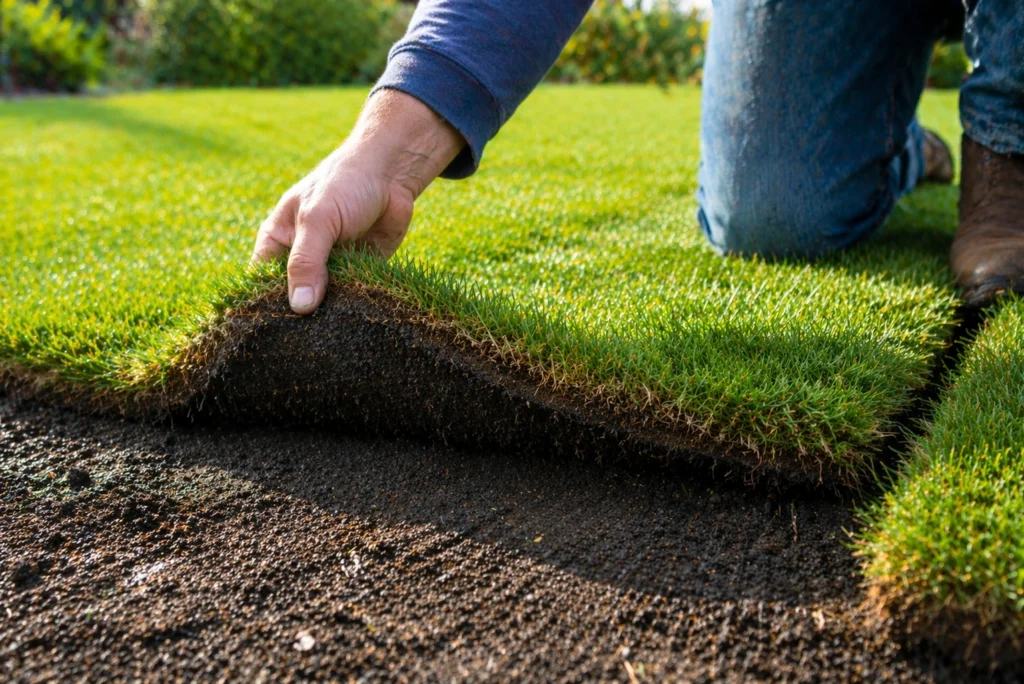 Lifting a sod strip to check soil moisture during the first week of new sod care