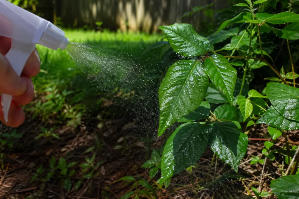 Spraying a DIY poison ivy killer natural vinegar solution on toxic weed leaves.