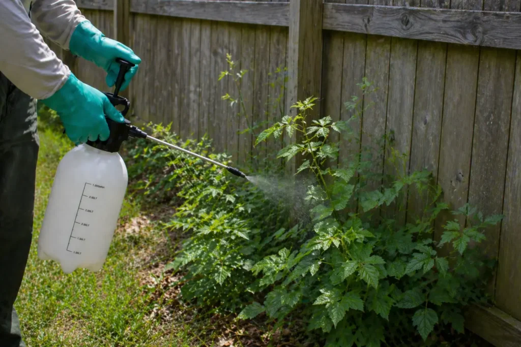 Safely applying a natural poison ivy killer using protective yard gear and goggles