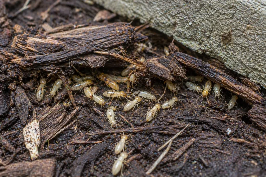 Early signs of termites in mulch near house foundation