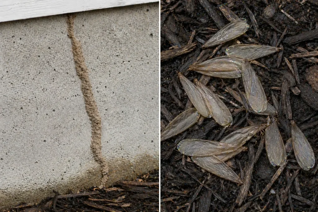 Mud tubes and discarded wings indicating termite activity in mulch