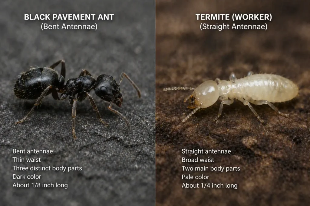 Visual comparison between ants and signs of termites in mulch