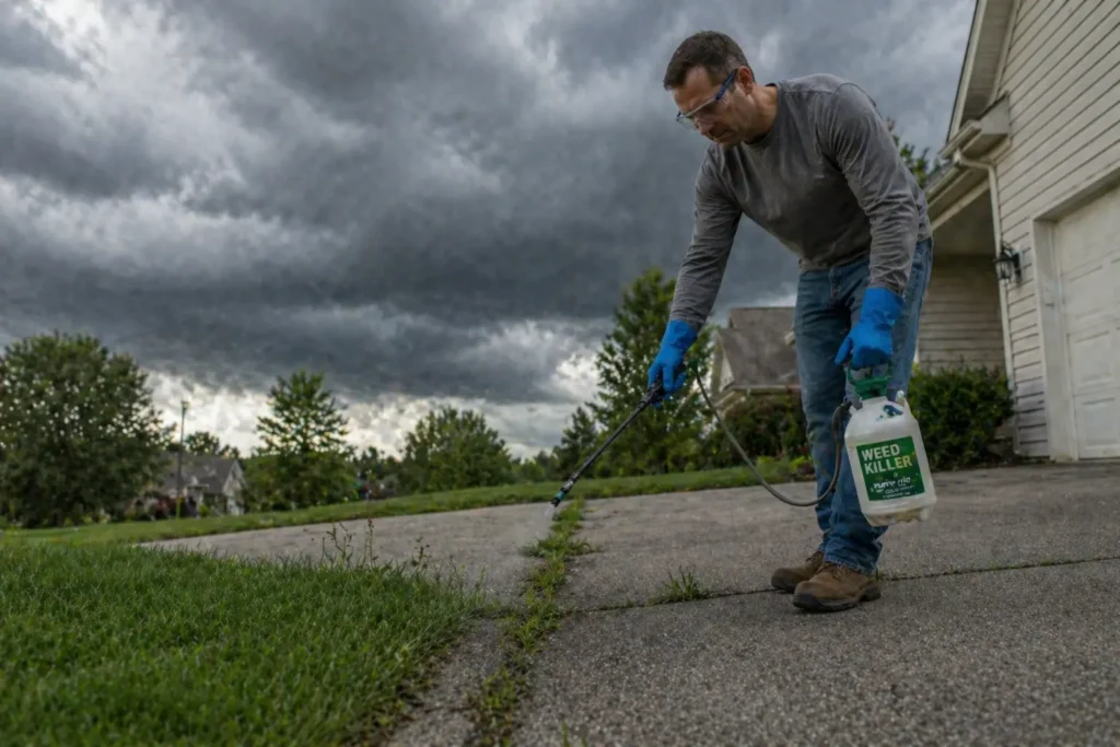 Homeowner calculating the best time to spray weeds before or after rain to ensure rainfast times