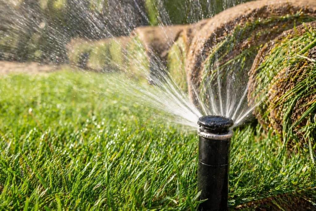 A lawn sprinkler watering new sod during the critical first week of root establishment.