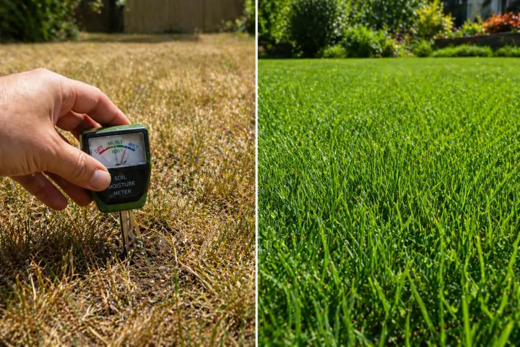 Comparing under-watered dry new sod with healthy green grass.