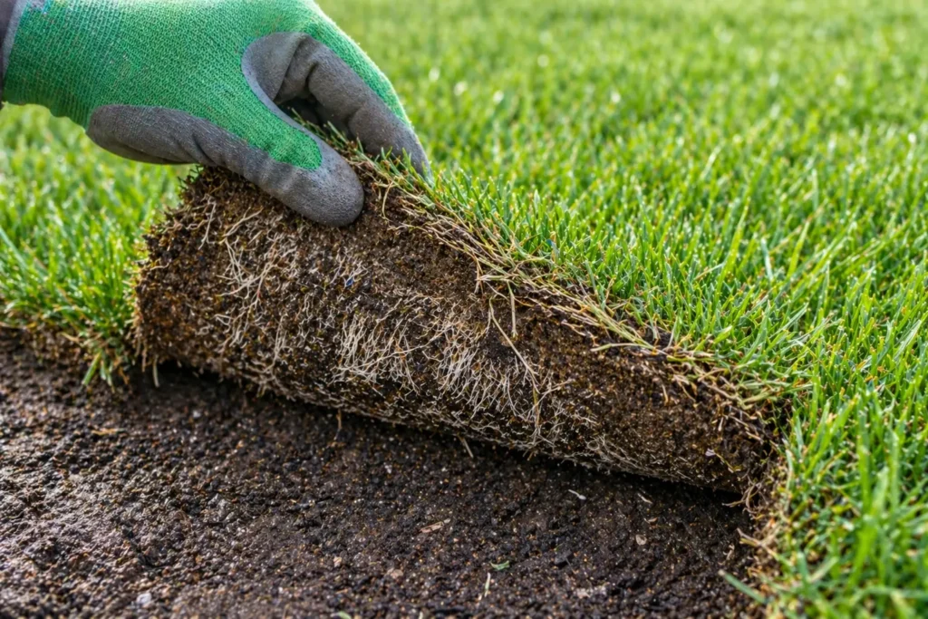 Lifting new sod to check soil moisture and white root growth after watering.