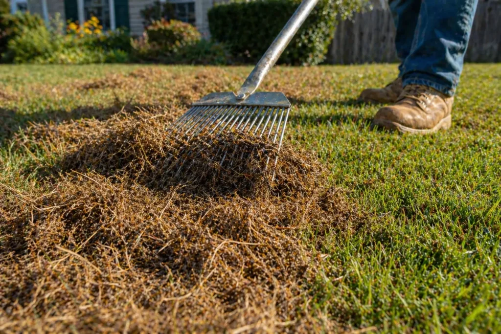 Homeowner raking lawn to remove thatch and prevent black mold on lawn.