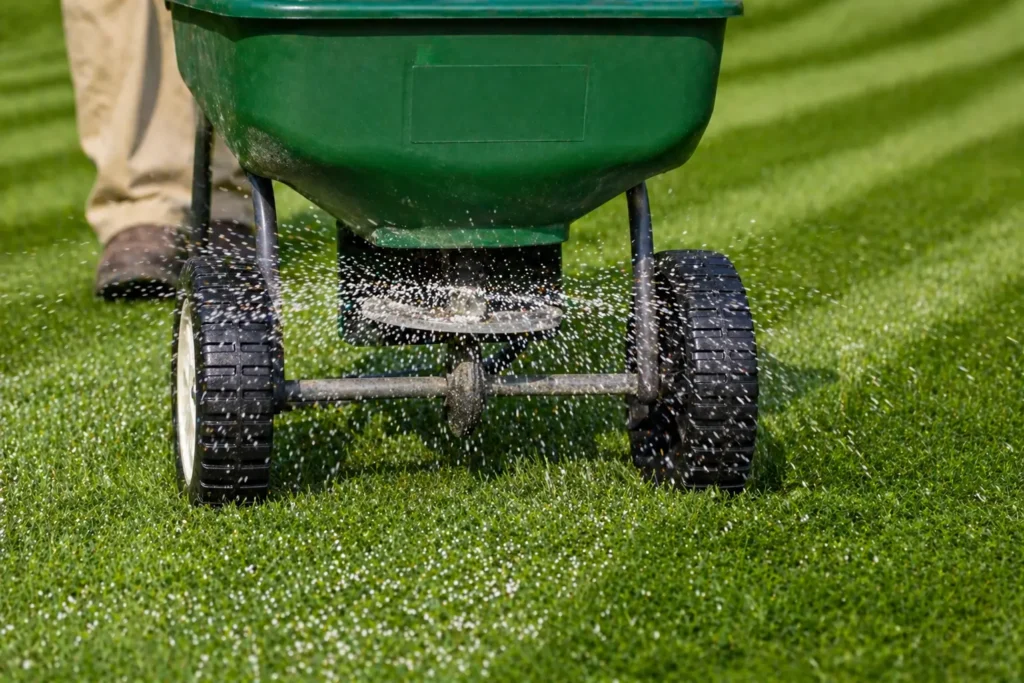 Applying preventative lawn care treatments to stop fungal diseases and black mold on lawn.