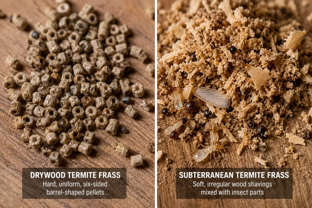 A close-up side-by-side comparison of termite frass vs carpenter ant frass on a wooden floor showing uniform pellets versus irregular wood shavings.