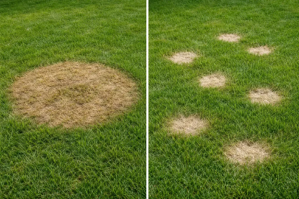Comparison of brown patch vs dollar spot symptoms on a home lawn
