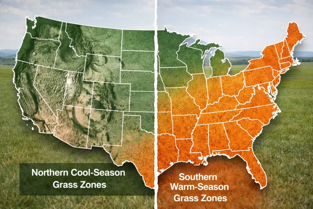 US map showing cool season vs warm season grasses for aeration timing