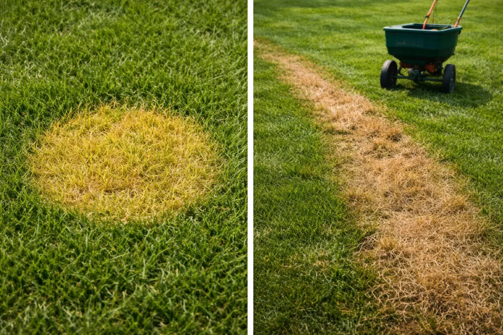 Difference between dog urine spots and fertilizer burn on a lawn.