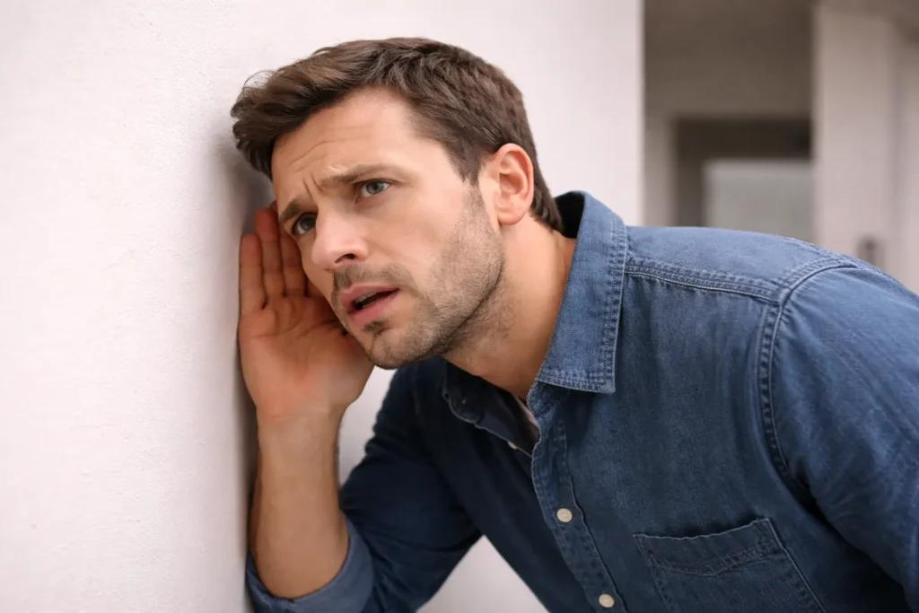Homeowner pressing ear against drywall listening for clicking sounds of termite infestation