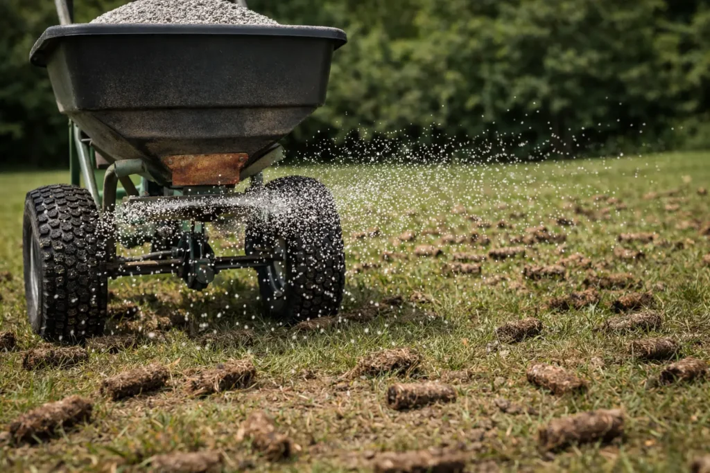 Spreading Scotts Turf Builder fertilizer on freshly aerated grass