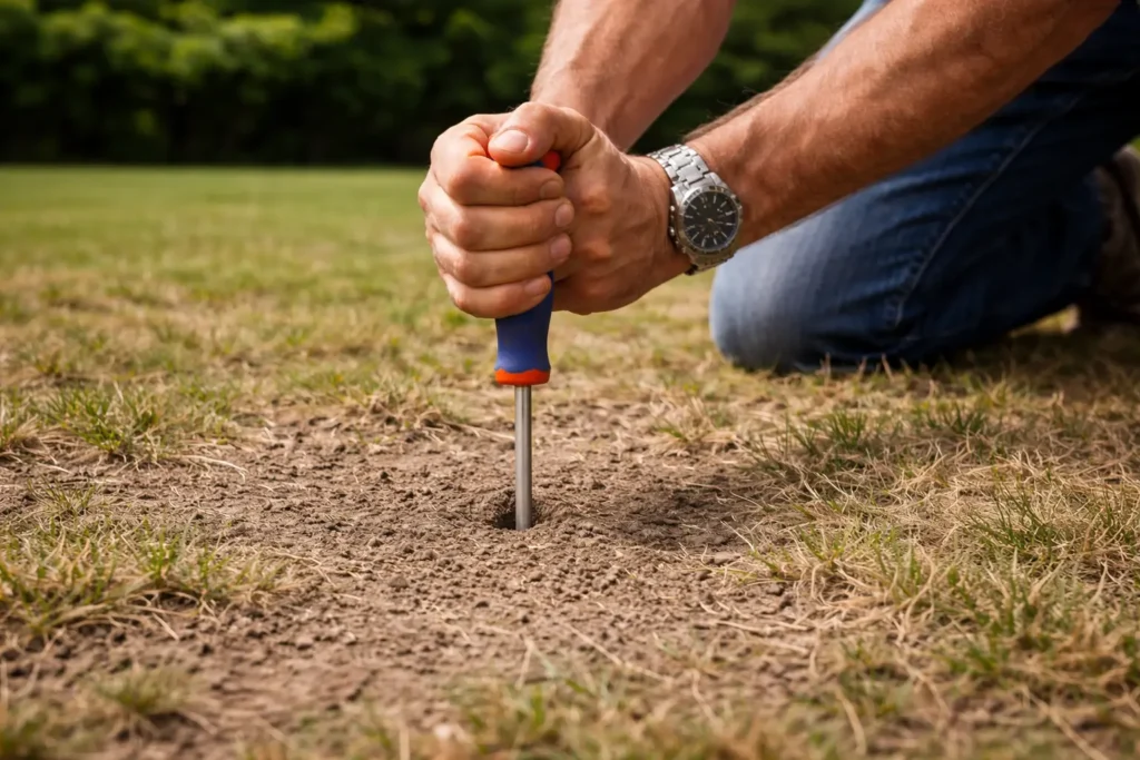 Screwdriver test for hard compacted soil to determine when to aerate lawn