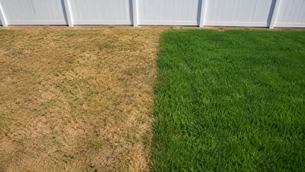 Yellowing dead patch on a newly installed sod lawn.