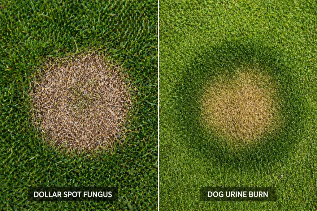 Comparing dollar spot fungus to dog urine patches on a residential lawn