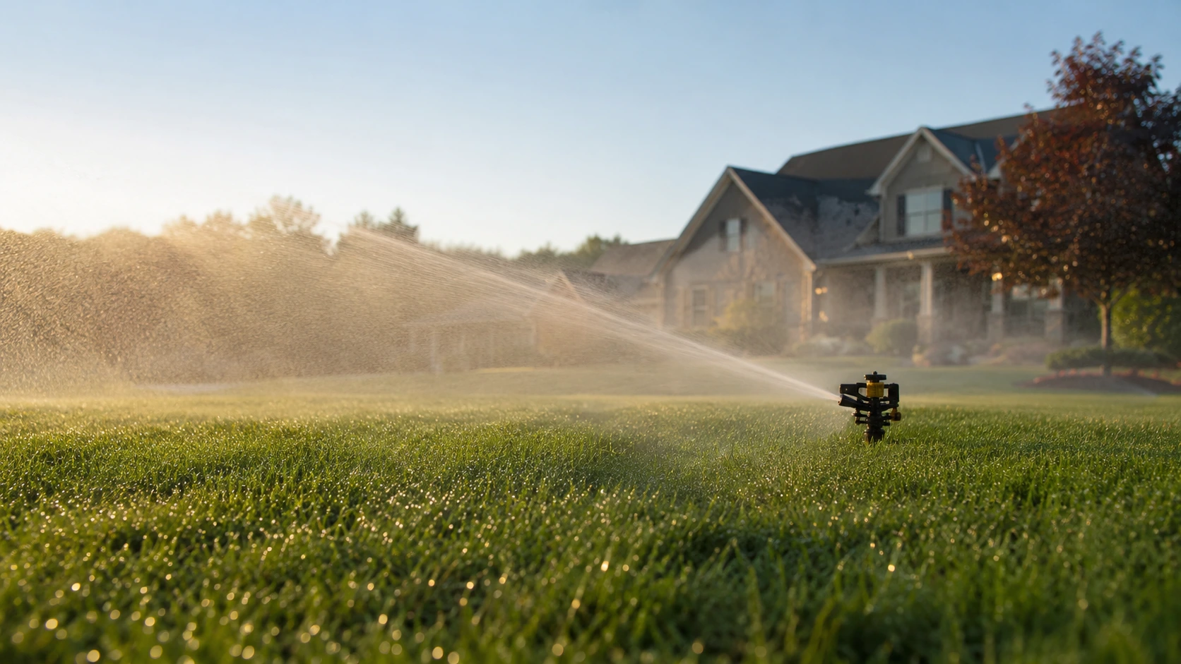 Freshly laid new sod being watered by a sprinkler in morning.