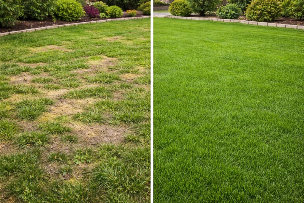 Uneven lawn before and after adding top soil on top of grass