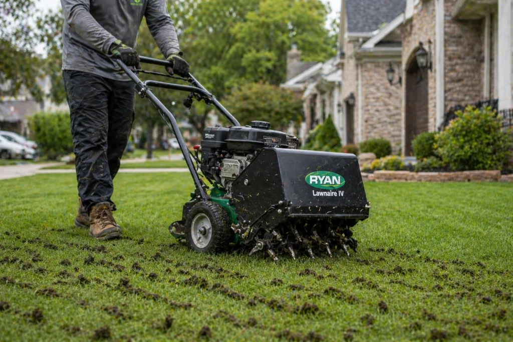 Core aeration to prevent white patches on grass and improve soil drainage