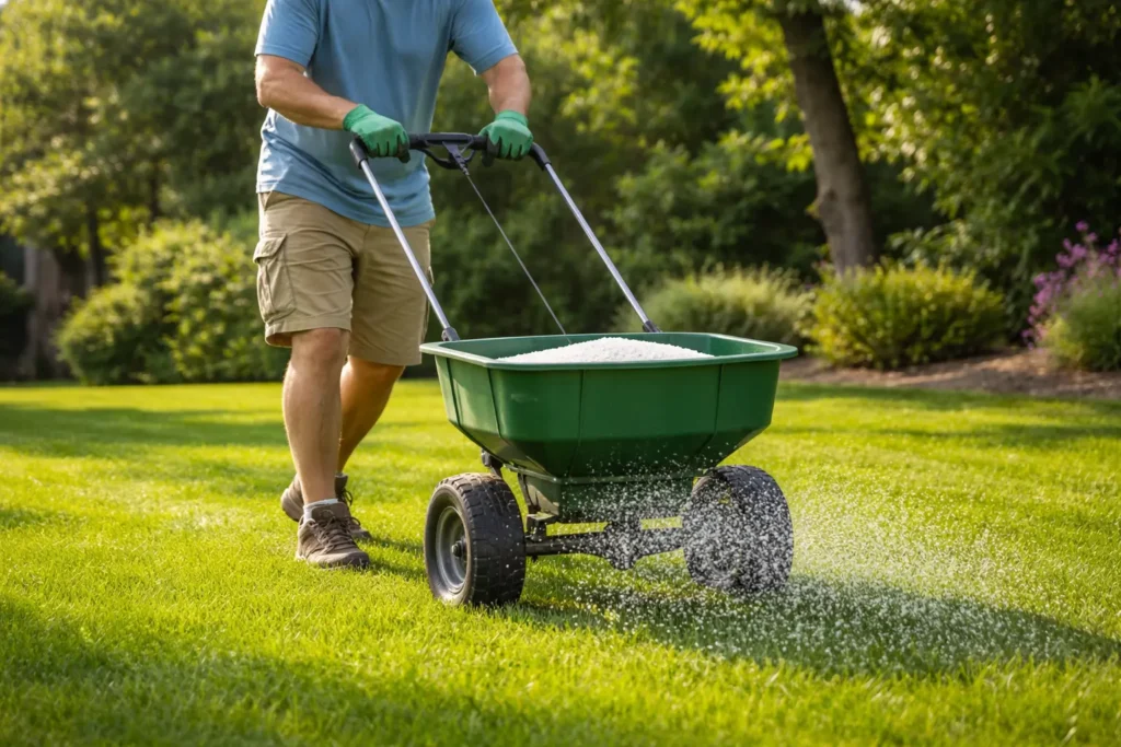 Striped burnt lawn with fertilizer from incorrectly overlapping a broadcast spreader.