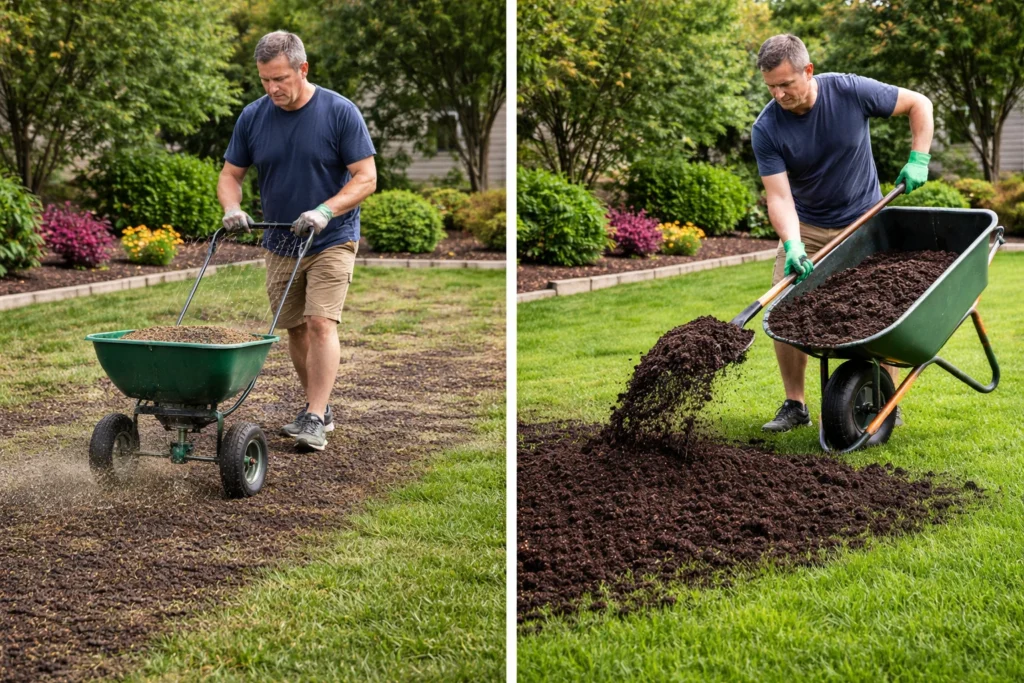 Overseeding and topdressing top soil on top of grass