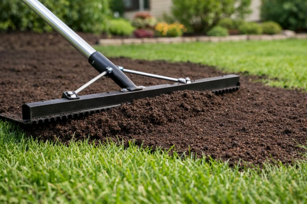 Using a leveling rake to spread top soil on top of grass
