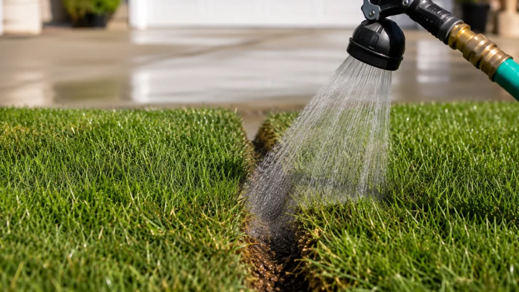 Watering the seams of newly laid sod lawn with a hose.
