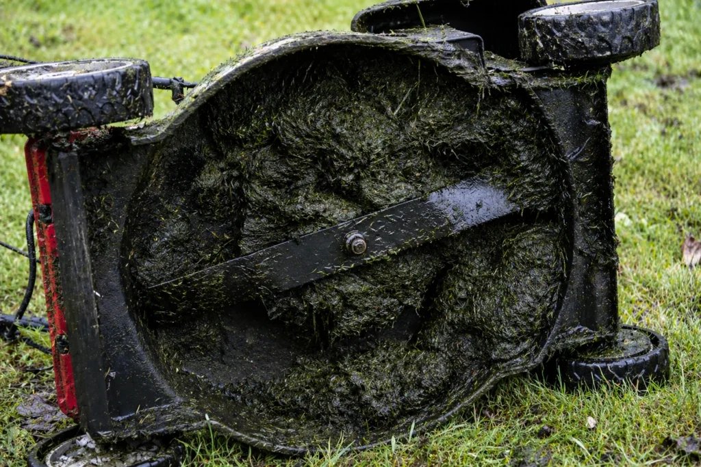 Clogged lawn mower deck showing the cons of mowing wet grass