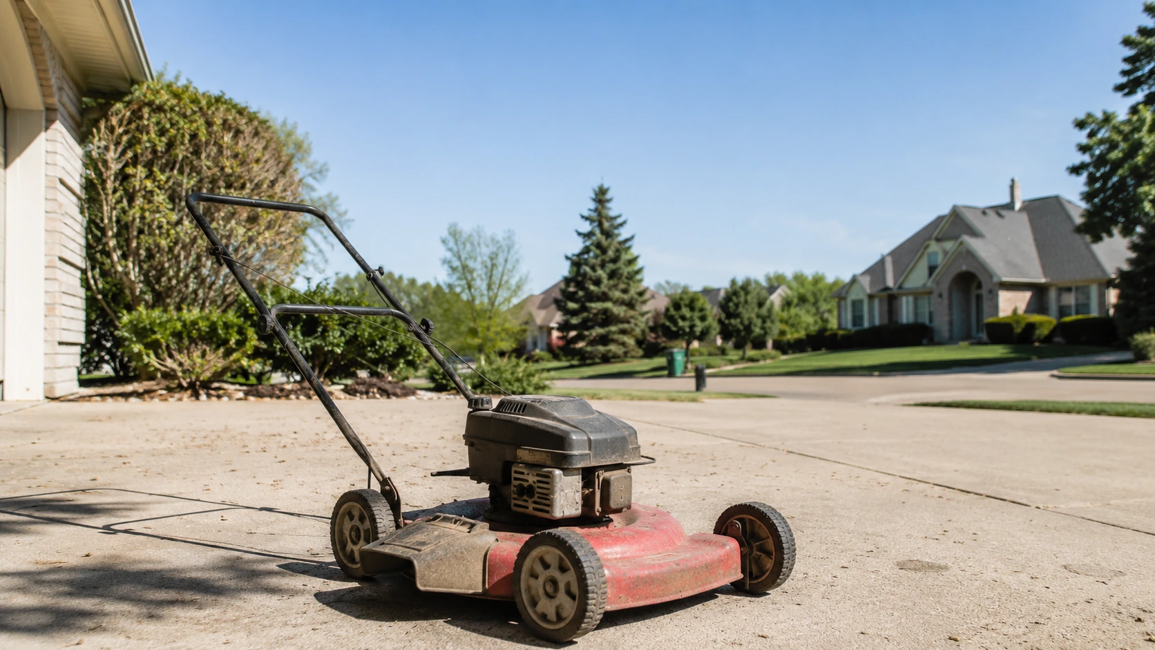 old broken red lawn mower sitting on driveway where can i get rid of a lawn mower