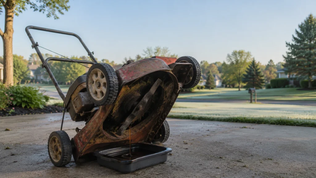 draining oil from old lawn mower into a plastic drain pan